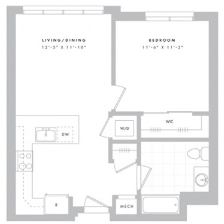 Floor plan for 1 bed, 1 bath, 622 sqft